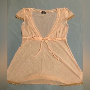 Shirred Lace Detail Baby Pink Blouse Size Medium With Bow 2000s 90s Style Top.